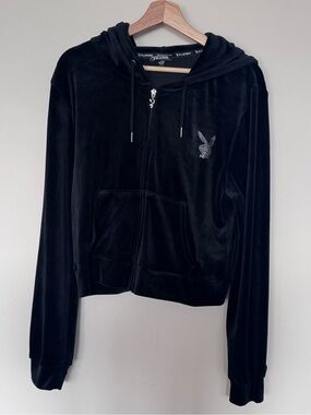 Women’s Playboy Black Velour Zip-Up Hoodie Jacket Y2K